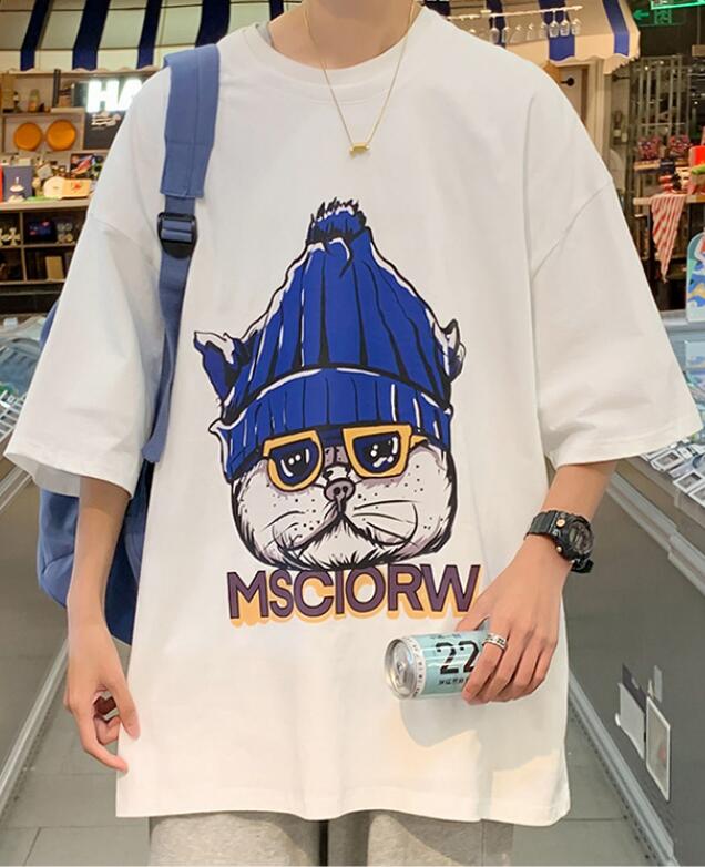 FINDSENSE X 韓潮 男士 街頭時尚 五分袖 創意歐美嘻哈貓印花 短袖T恤