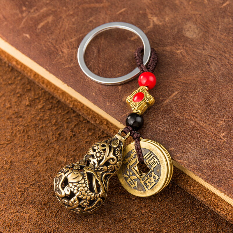 五帝錢黃銅鑰匙扣掛飾創意個性汽車鏈匙圈環男女古風網紅書包掛件