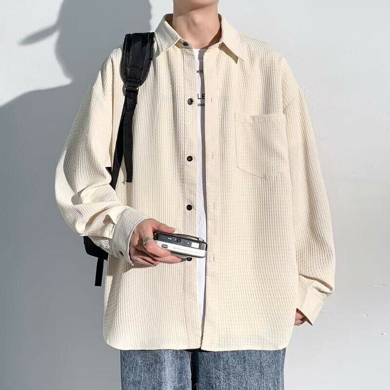 男生襯衫 春秋季新款潮流寬鬆百搭青少年長袖襯衫 舒適抗皺百搭翻領襯衫 交友居家日常聚會休閒襯衫