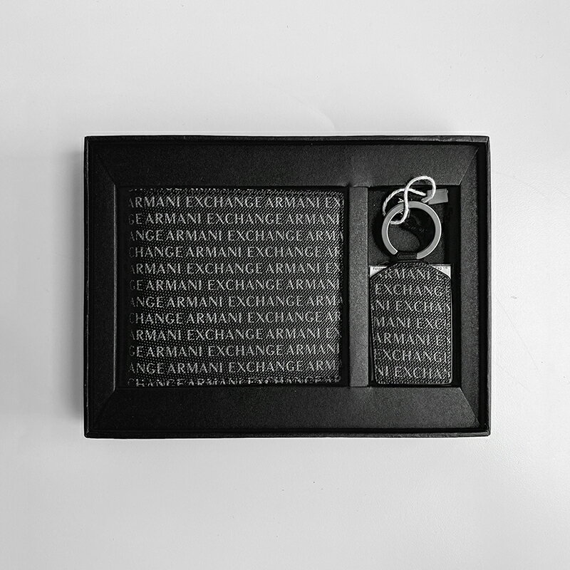 美國百分百【全新真品】Armani Exchange 皮夾禮盒 AX 滿版logo 鑰匙扣 皮革 八卡 禮盒 BQ23