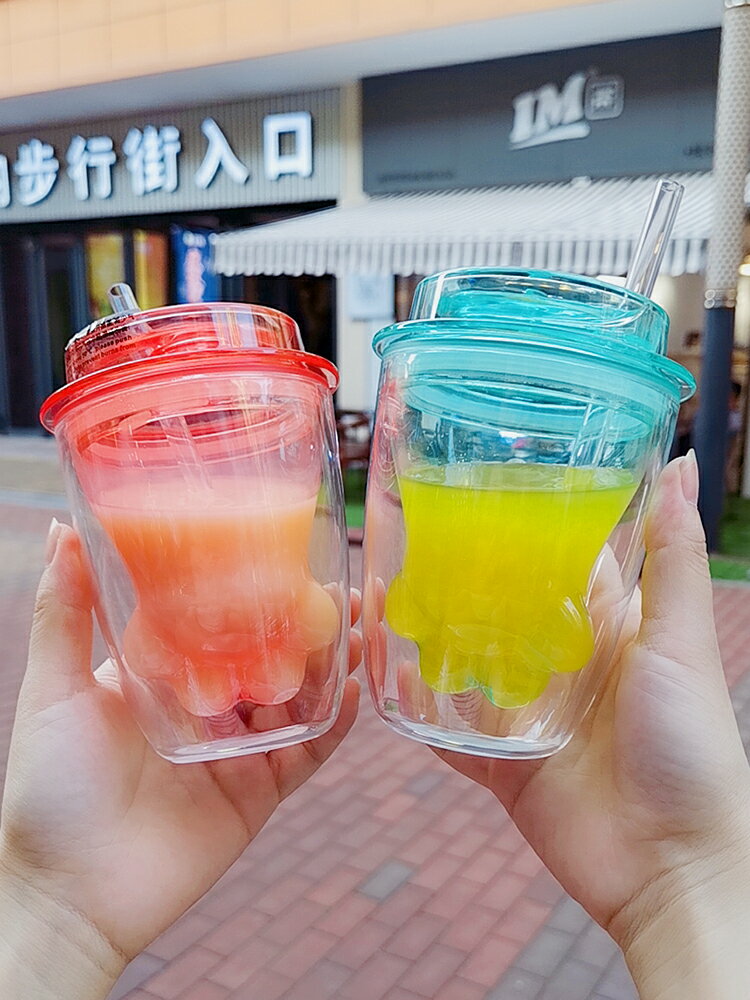 韓版抖音可愛網紅貓爪杯帶吸管水杯ins風少女心雙層塑膠便攜杯子