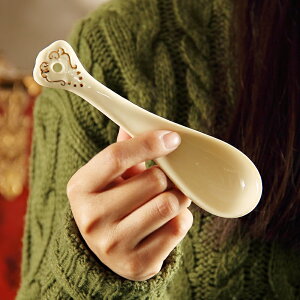 歐式陶瓷小湯勺創意描金米黃湯勺調羹湯匙創意餐具勺子