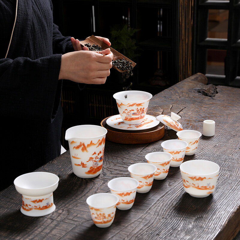 白瓷山水茶具套裝禮品羊脂玉功夫蓋碗茶壺茶杯整套伴手禮