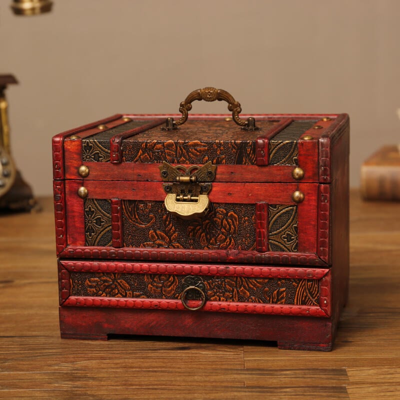 [新祥]仿古風梳妝盒木質帶鎖古典做舊化妝盒家用結婚首飾品流蘇收納盒子