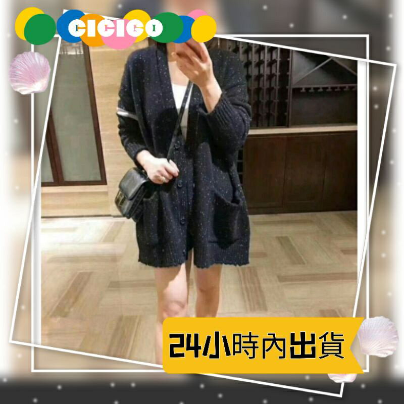 正韓韓國 單袖條紋學院風雪花針織長袖外套 黑色 CICIGO現貨 女生針織外套