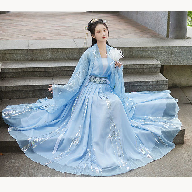 免運 原創正版齊腰襦裙漢服女【藍鈺】日常學生大擺新款大袖衫中國風