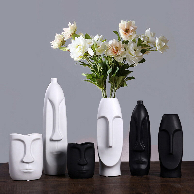 黑色頭像藝術人臉花瓶陶瓷北歐擺件客廳插花電視櫃裝飾