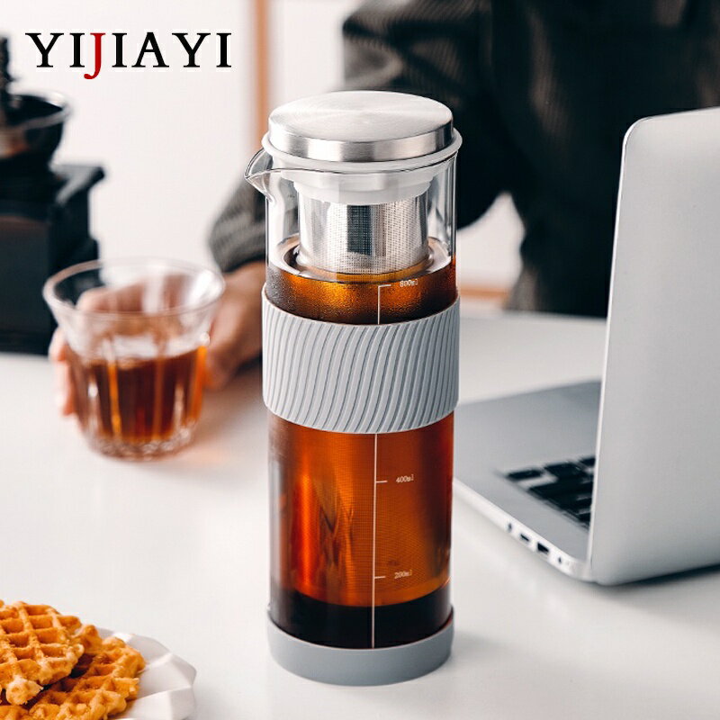 Yijiayi 歐式冷萃咖啡壺 現代簡約家用不銹鋼濾網 800ml玻璃咖啡壺 咖啡冷泡壺大容量