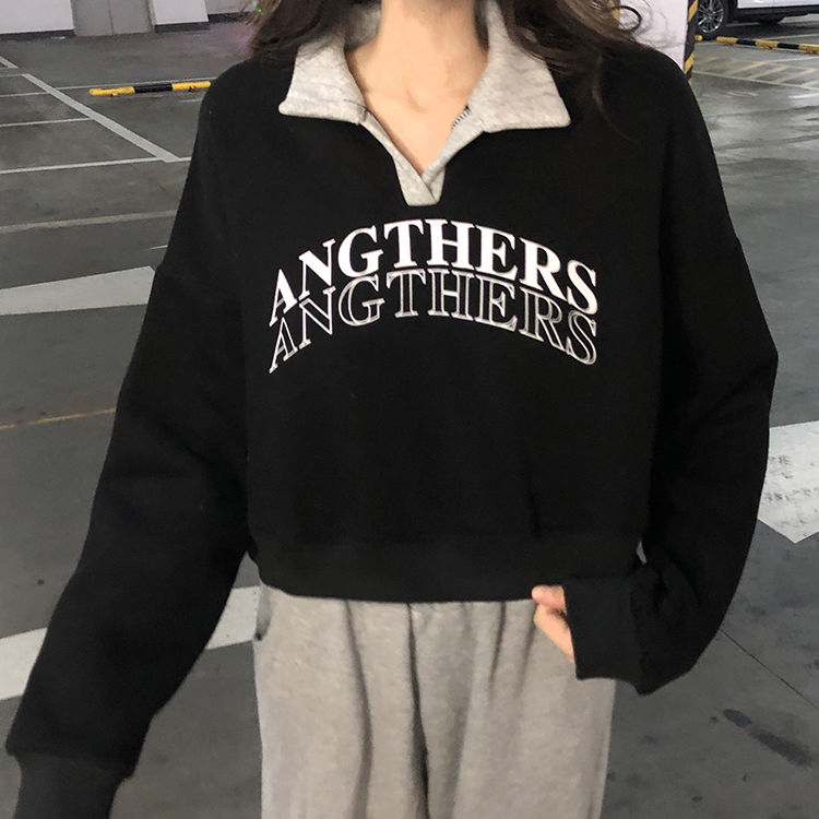 衛衣女長袖T恤撞色POLO領套頭字母印花加絨寬松顯瘦短款上衣潮秋冬季新款