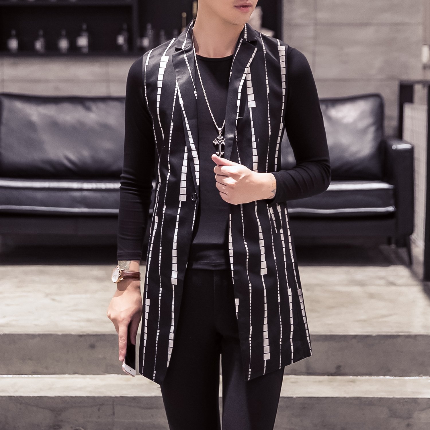 FINDSENSE品牌 秋冬季 新款 日本 男 高端 休閒 個性條紋 修身 開衫 黑色馬甲外套 潮流上衣馬甲