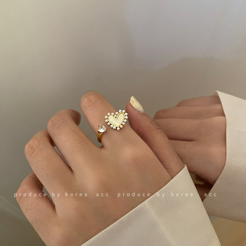 微鑲鋯石開口貝殼愛心珍珠戒指女時尚個性輕奢小眾精致網紅食指戒