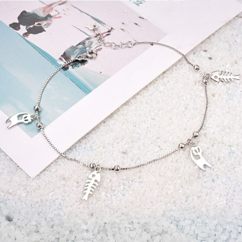 現貨+預購 925純銀腳鍊狐狸腳鏈-可愛魚骨光面圓珠女飾品73zf23【獨家進口】【米蘭精品】