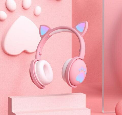 粉色發光貓耳耳機頭戴式藍芽無線韓版可愛貓咪貓耳朵女生款【年終特惠】