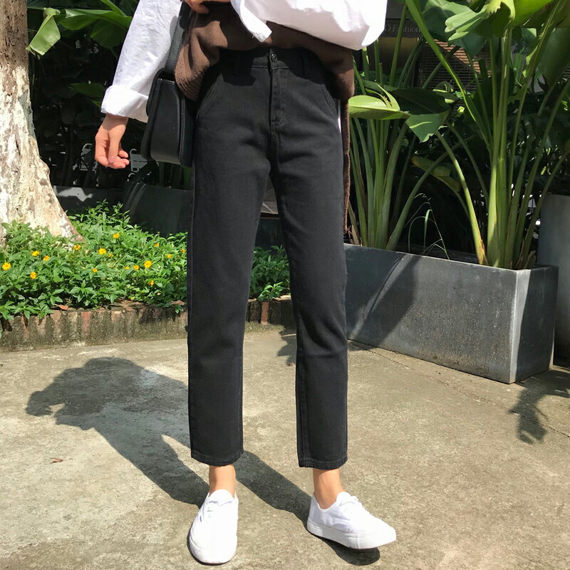 韓版chic高腰寬松牛仔褲女黑色休閑褲學生哈倫褲百搭直筒褲九分褲