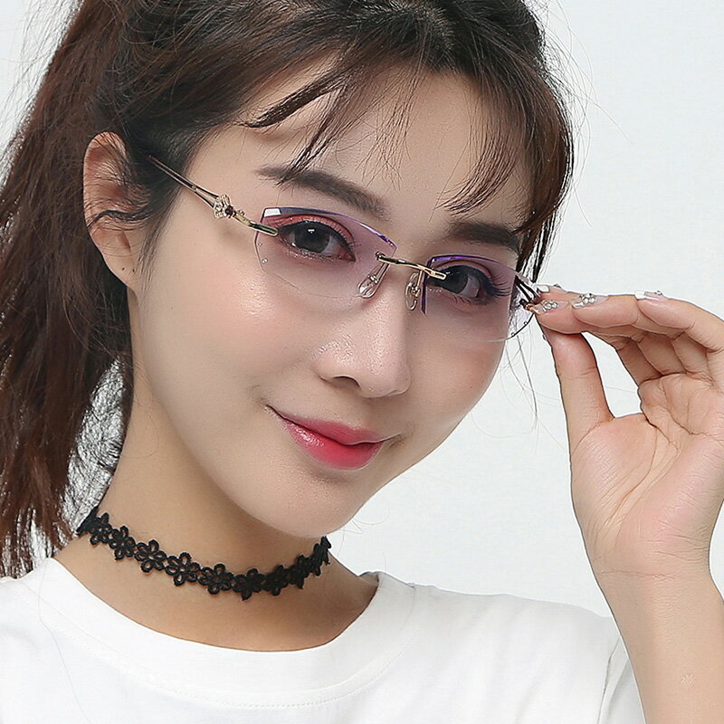 無框近視眼鏡女款切邊鑲鉆純鈦眼鏡框架平光鏡成品度數眼鏡輕8613