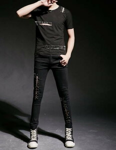FINDSENSE MD 韓國 潮 男 街頭 夜店 髮型師 暗黑 破洞別針裝飾 個性特色T恤 套裝 短T+長褲