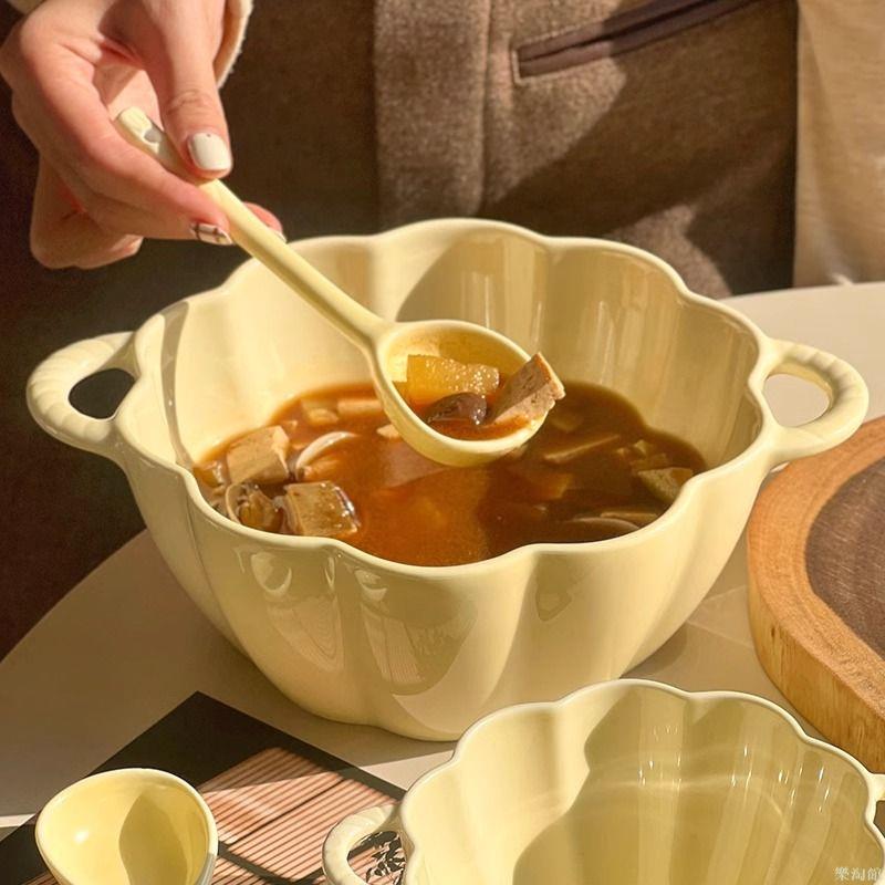 高顏值雙耳湯碗陶瓷家用帶勺奶油泡麵碗ins可愛螺螄粉碗餐具套裝