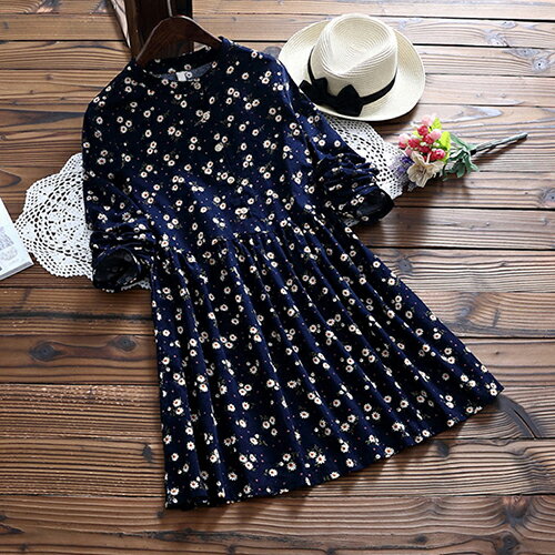 小碎花立領燈芯絨t長袖連身裙洋裝 (２色，M~2XL) - ORead 自由風格