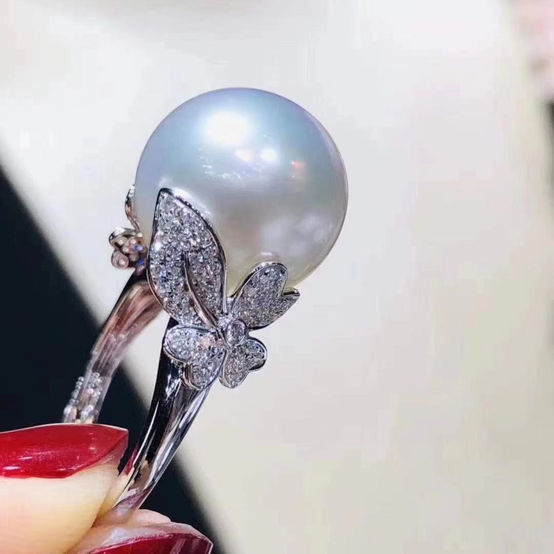 DIY珍珠配件 925銀珍珠戒指空託 時尚金色銀色指環託 配12-14mm圓