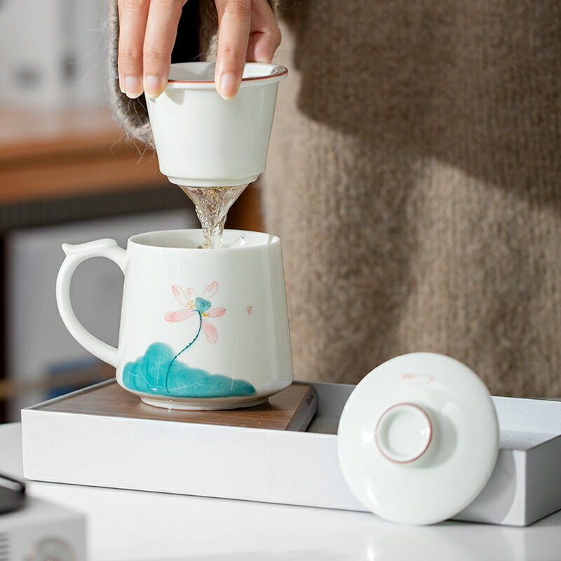 茶水分離泡茶杯子喝水大容量男女陶瓷水杯辦公杯馬克杯帶蓋過濾