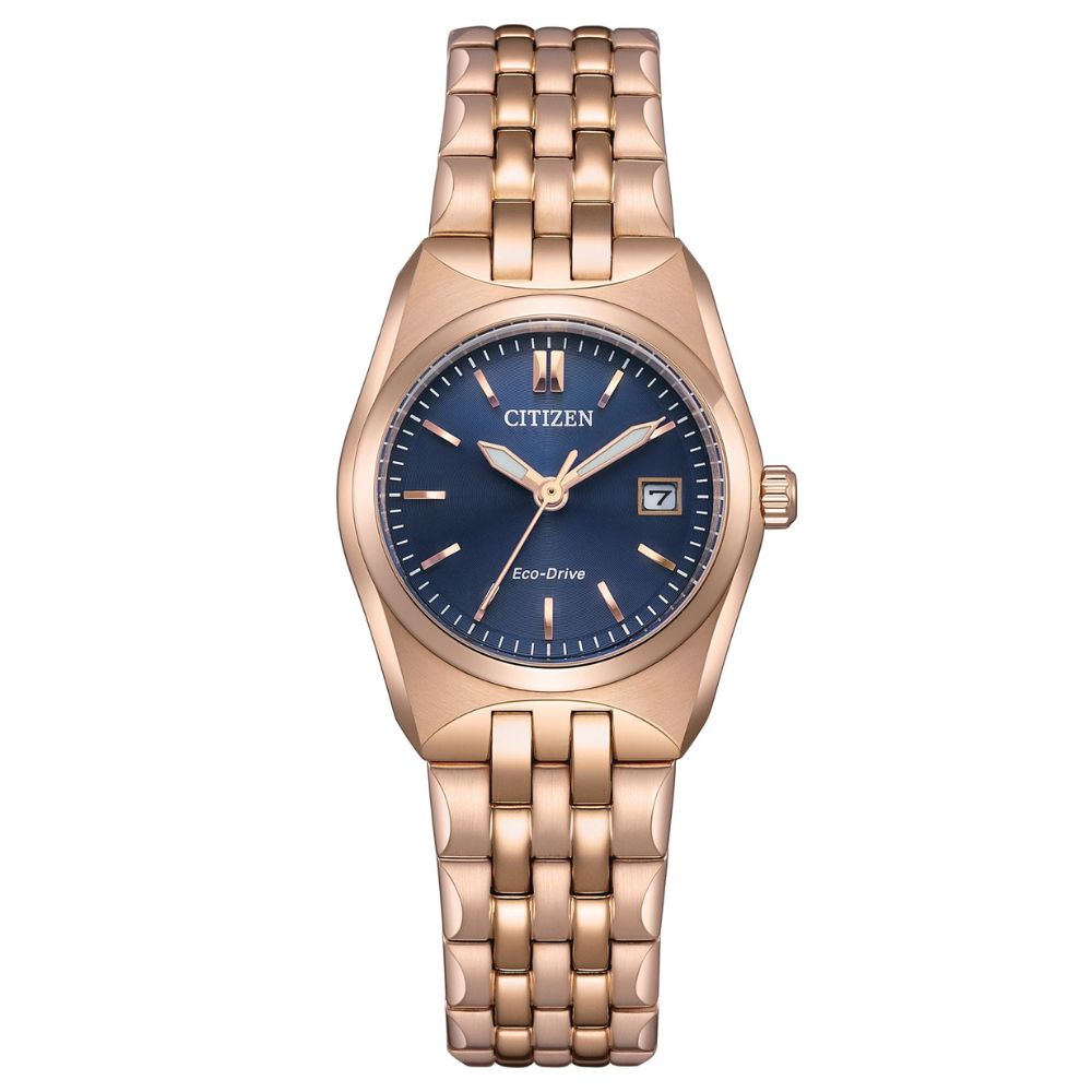 送禮首選★CITIZEN 星辰 LADYS 簡約大三針光動能女錶-玫瑰金*藍 EW2298-52L 附提袋【全館滿額折價★APP下單點數4倍送】線上購買享_實體門市同步服務