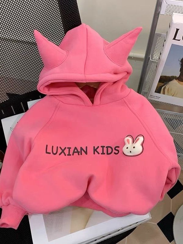 女童連帽加絨上衣套裝秋冬裝新款女寶寶洋氣保暖上衣內搭褲兩件套