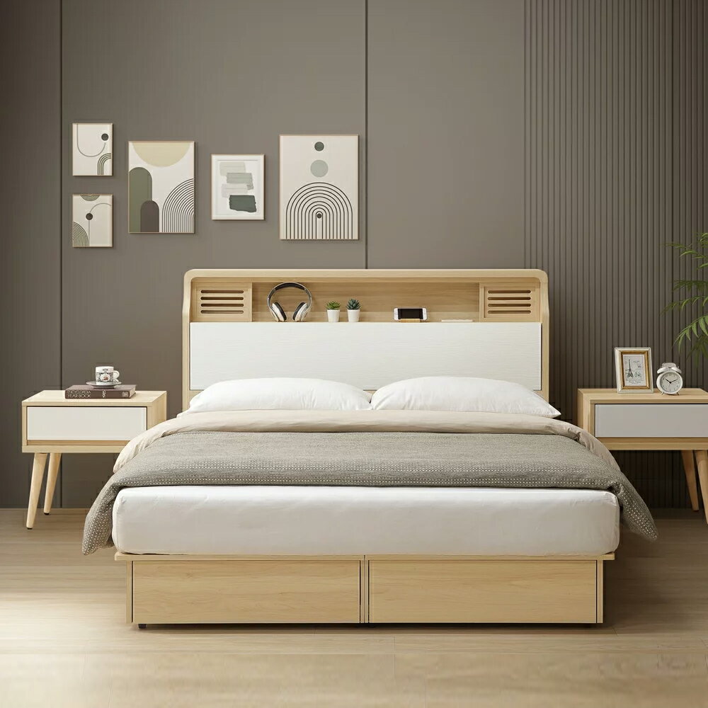 【直人木業】綠建材彩妝板溫馨系列收納大四抽附USB插座床組-雙人標準5尺 APP結帳再賺4%點數#雙11狂購節 1