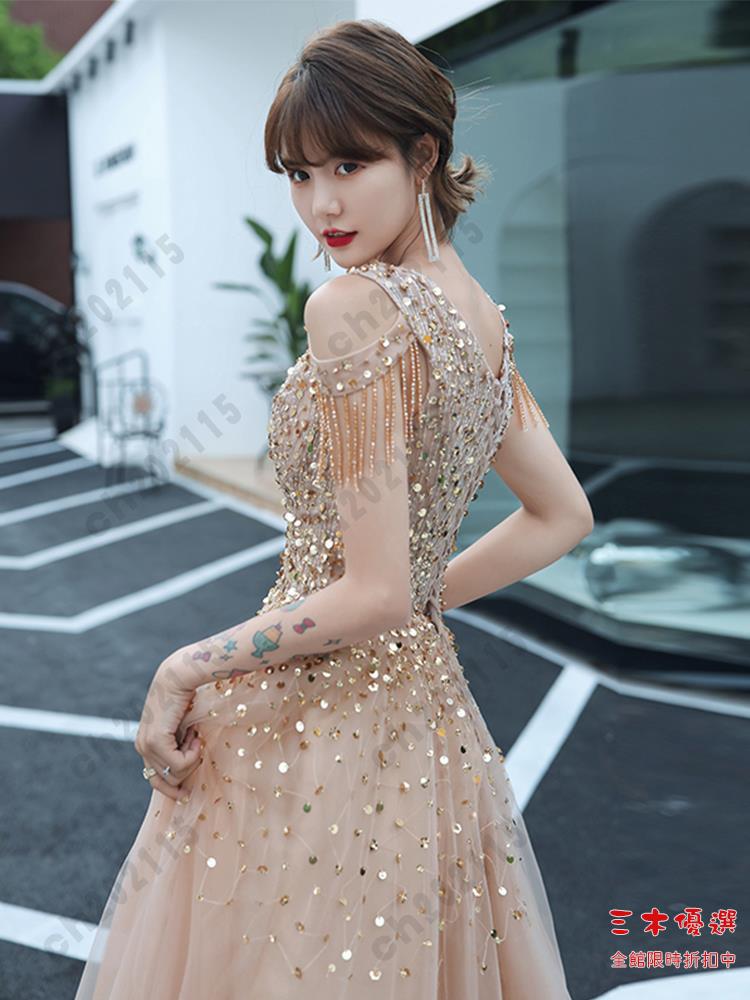 尾牙禮服 洋裝 重工晚禮服裙女2024新款輕奢小眾高階法式高階感主持人敬酒鎏金色交換禮物 三木優選