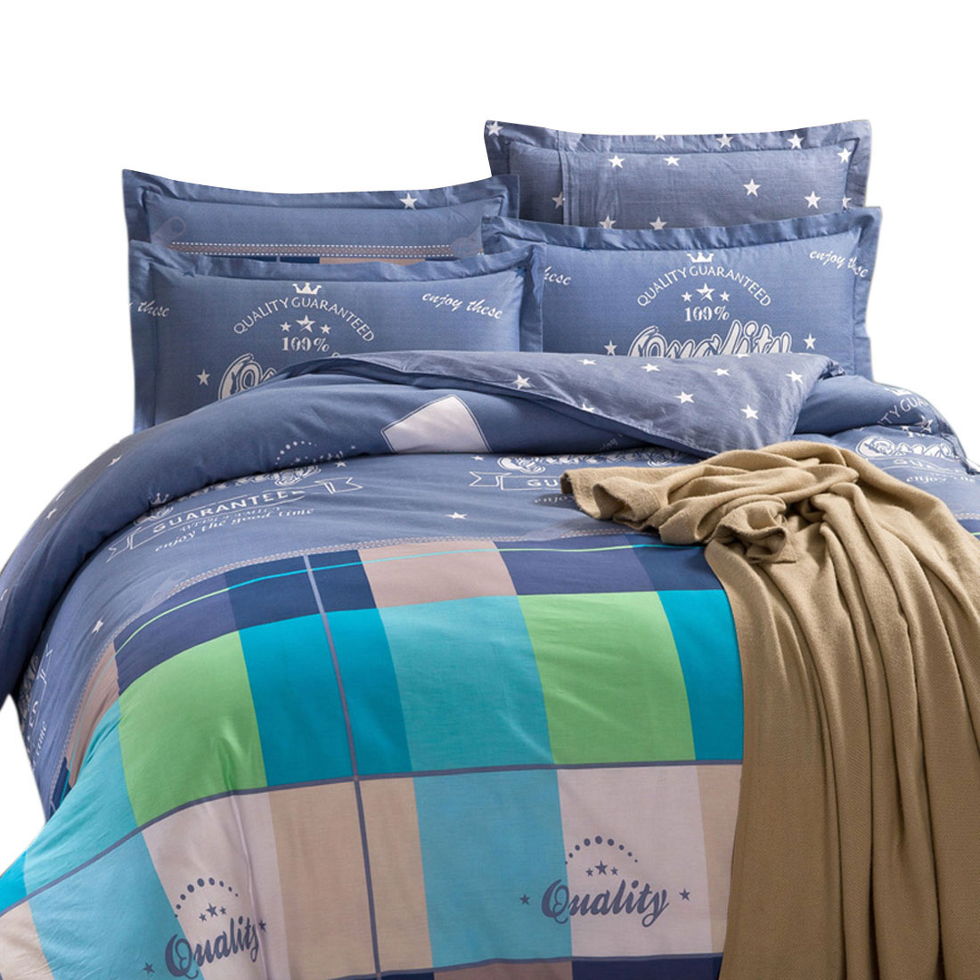 Unique Bargains Bedroom Grid Pattern Duvet Quilt Cover Pillowcase