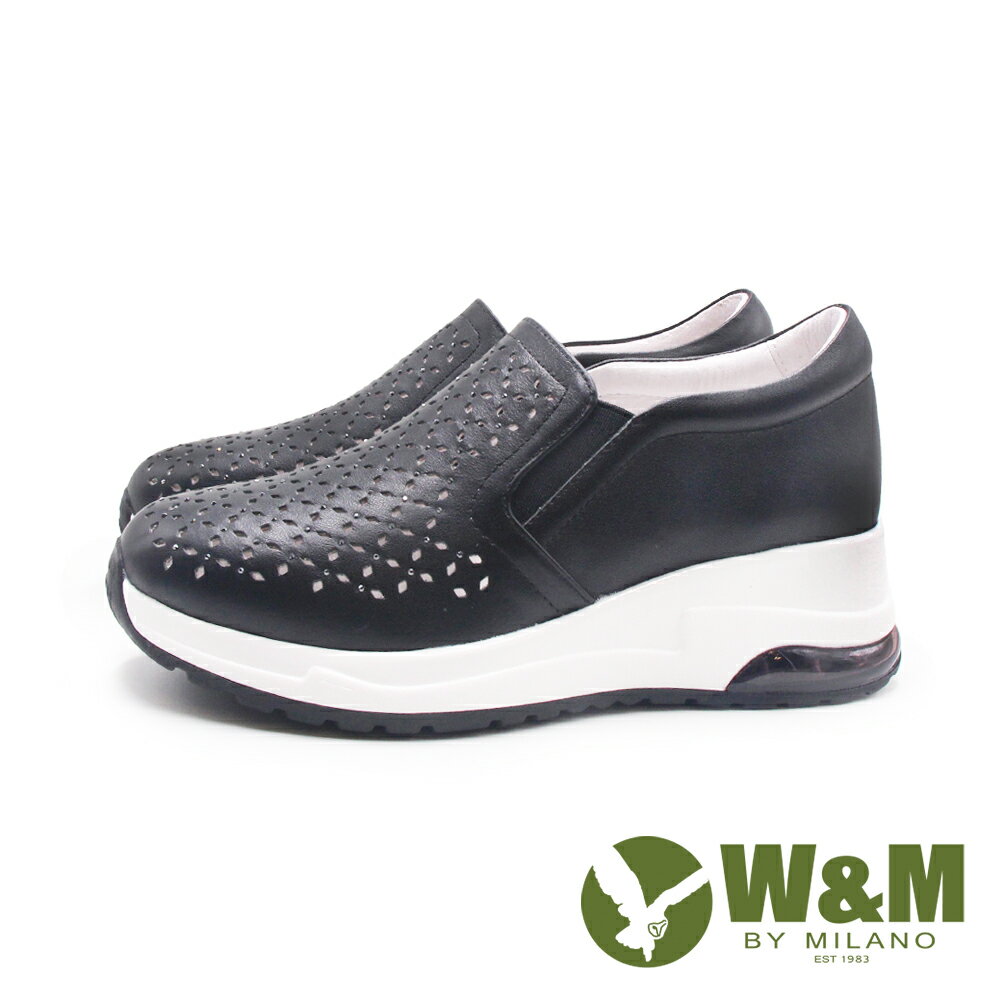 W&M(女)刻紋輕量減壓緩震楔型增高休閒鞋 女鞋-黑色
