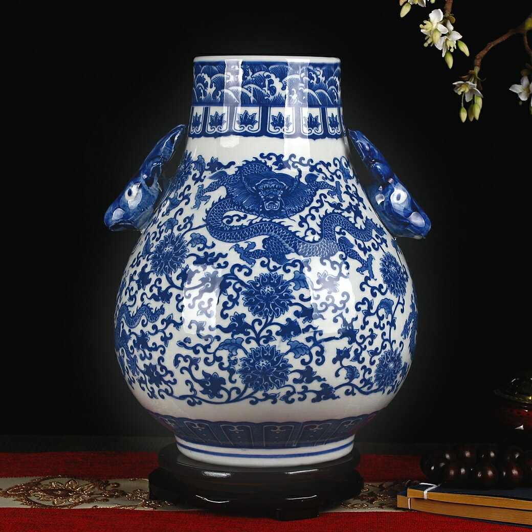景德鎮仿古青花鹿頭樽纏枝龍尊花瓶新中式客廳插花擺件博古架裝飾
