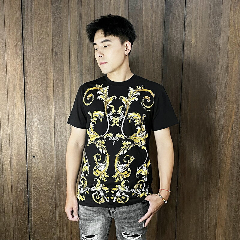 美國百分百【全新真品】Versace Jeans 凡賽斯 短袖T恤 棉質 歐洲精品 VJ 上衣 印花 短T 黑色 DE77