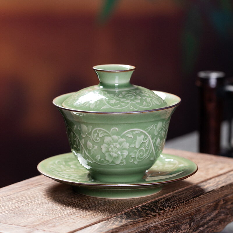 龍泉青瓷純手工三才蓋碗 陶瓷纏枝蓮花中式茶道功夫茶具茶碗茶杯