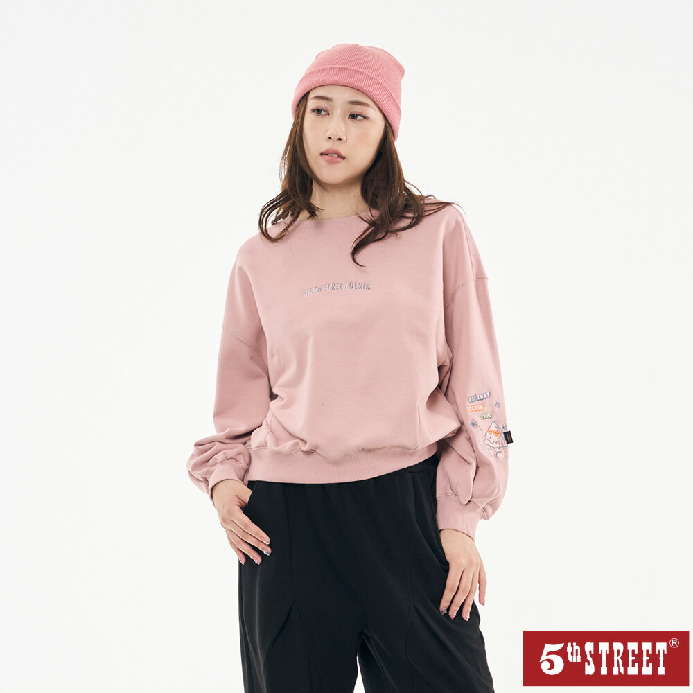 女裝 大學T 長袖 上衣 t恤 繡花 雪山怪 粉紅色 (561005)【5th STREET】【APP下單享4%回饋】