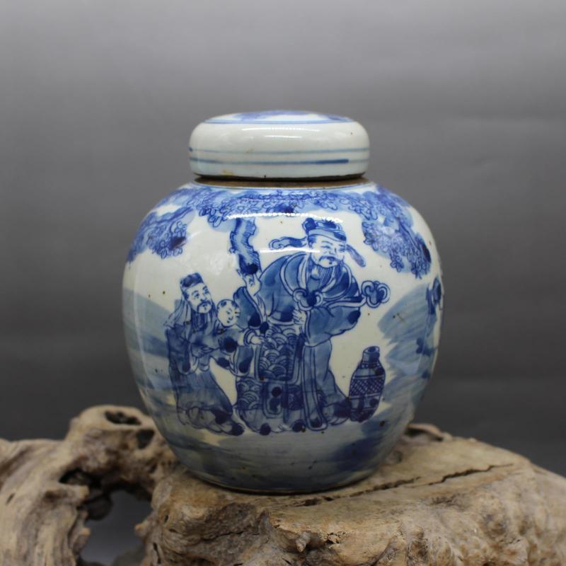 清康熙年制青花人物福祿壽三星茶蓋罐 仿古出土瓷器 家居擺件老貨1入