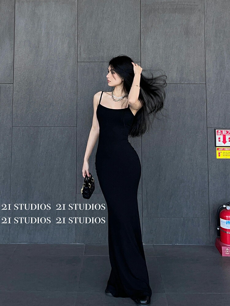 卡戴珊同款春夏純欲性感辣妹修身顯瘦包臀黑色吊帶連衣裙女長裙子