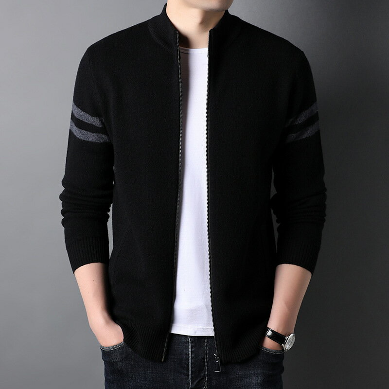 現貨+預購 100%羊毛衣針織外套-條紋立領修身休閒防寒保暖男外套4色74dp4【獨家進口】【米蘭精品】