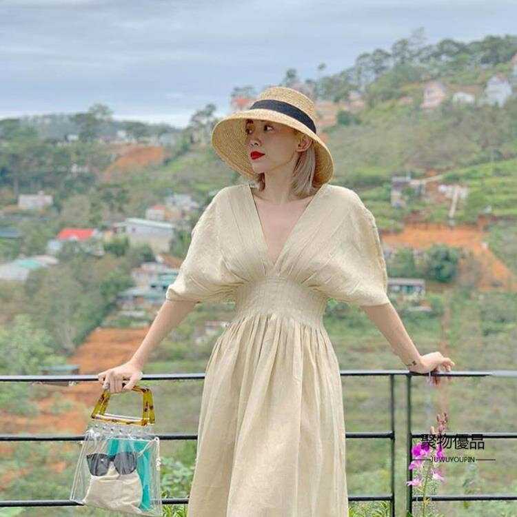 草帽女士百搭沙灘法式優雅赫本風復古大檐漁夫帽春夏出游草編盆帽【聚物優品】