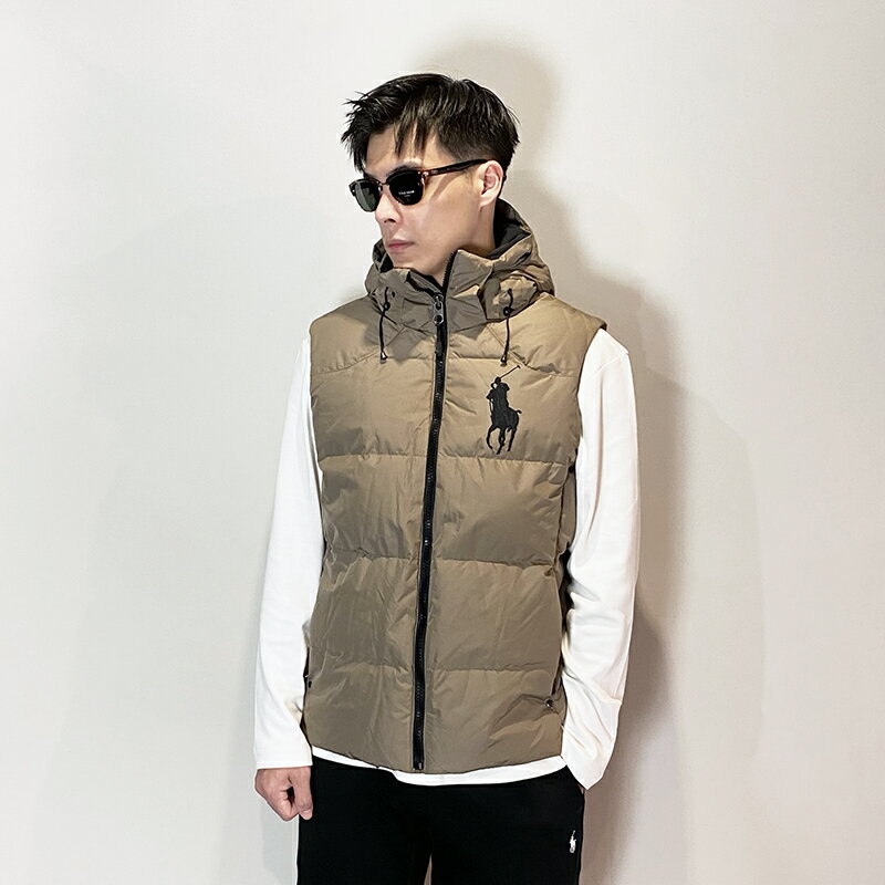 美國百分百【全新真品】Ralph Lauren 羽絨背心 連帽 RL 大馬 POLO 背心外套 卡其 J875