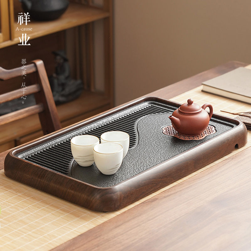 免運 茶盤 祥業茶盤新款家用仿烏金石大號儲排水兩用茶具託盤瀝水茶臺長方形