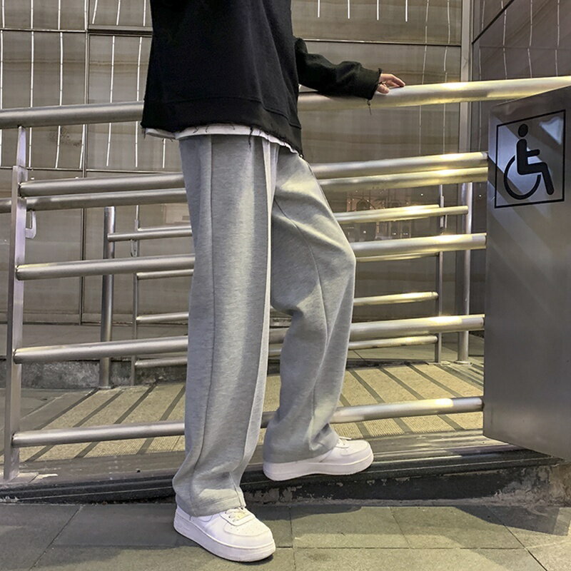 棉褲 素色前中壓線寬鬆直筒休閒長褲壓線棉褲 2色 M-2XL 運動寬褲.棉質長褲【臺灣 】