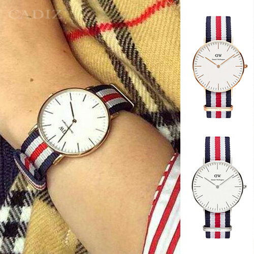 【Cadiz】瑞典正品 Daniel Wellington 手錶 0502DW玫瑰金 0606DW銀色 CLASSIC CANTERBURY 藍白紅尼龍錶帶 蛋殼白錶盤 36mm 對錶 情侶錶 男女錶 兩年保固