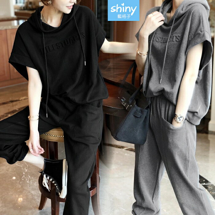 極簡率性．立體文字連帽T+鬆緊腰長褲休閒套裝－shiny藍格子【V5153】