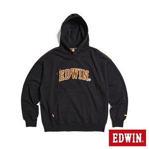 EDWIN 橘標 寬版貼布大LOGO連帽長袖T恤-男款 黑色 #換季折扣