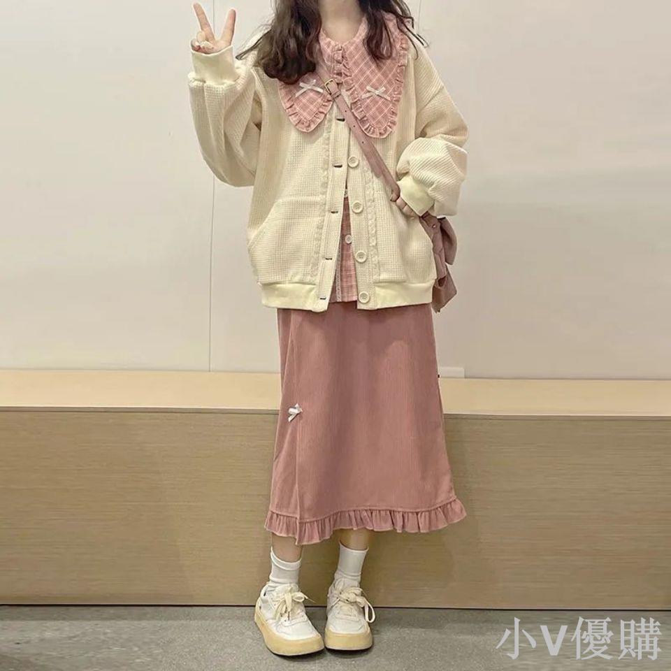 秋冬套裝女學生韓版日系粉格襯衫+燈芯絨半身裙+開衫外套三件套