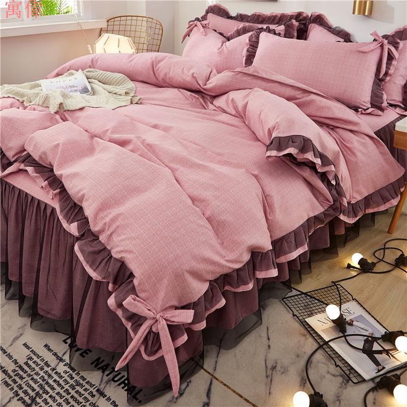 簡約精品韓版少女心床裙四件套磨毛加厚被套床罩三件式網紅春夏季床上用品單人 雙人 床上用品 高品質舒適 6