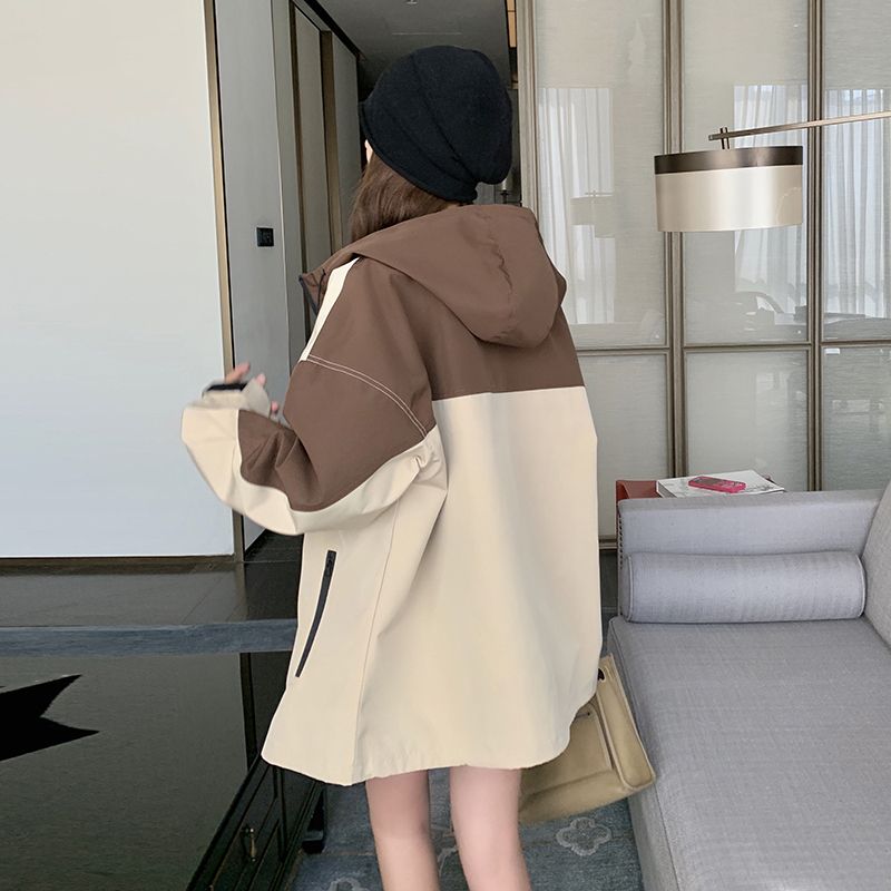 風衣夾克撞色外套女寬松休閒顯瘦拼色小個子高領連帽設計秋冬新款