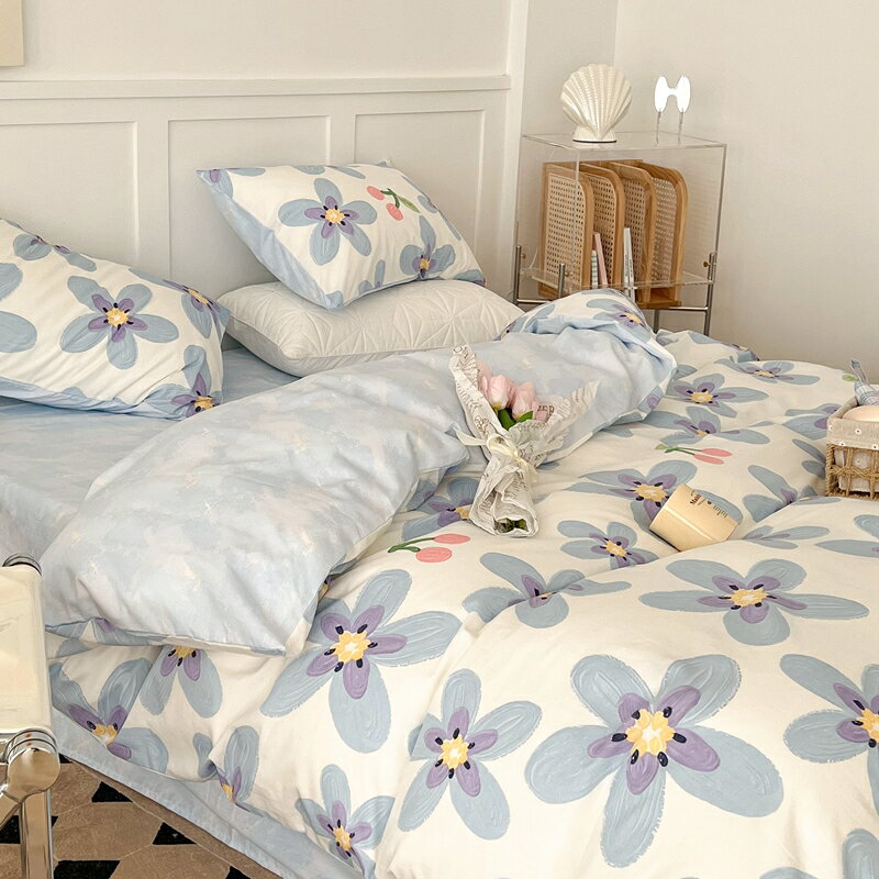 田園風ins藍色小花被套床單純棉四件套100全棉宿舍三件套床上用品