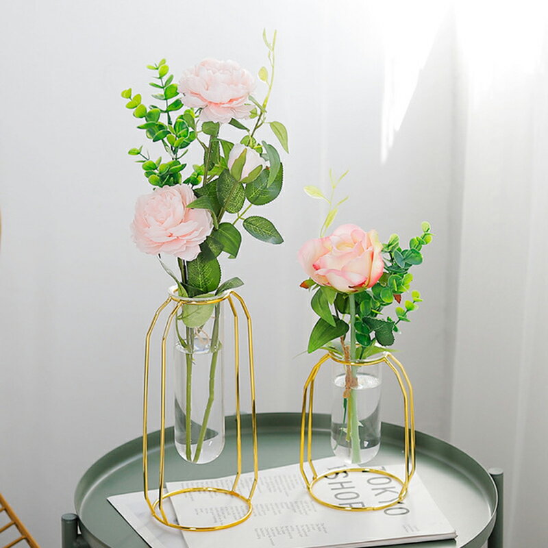 簡約北歐金色幾何玻璃水培透明鐵藝插花花瓶家居客廳假花裝飾擺件