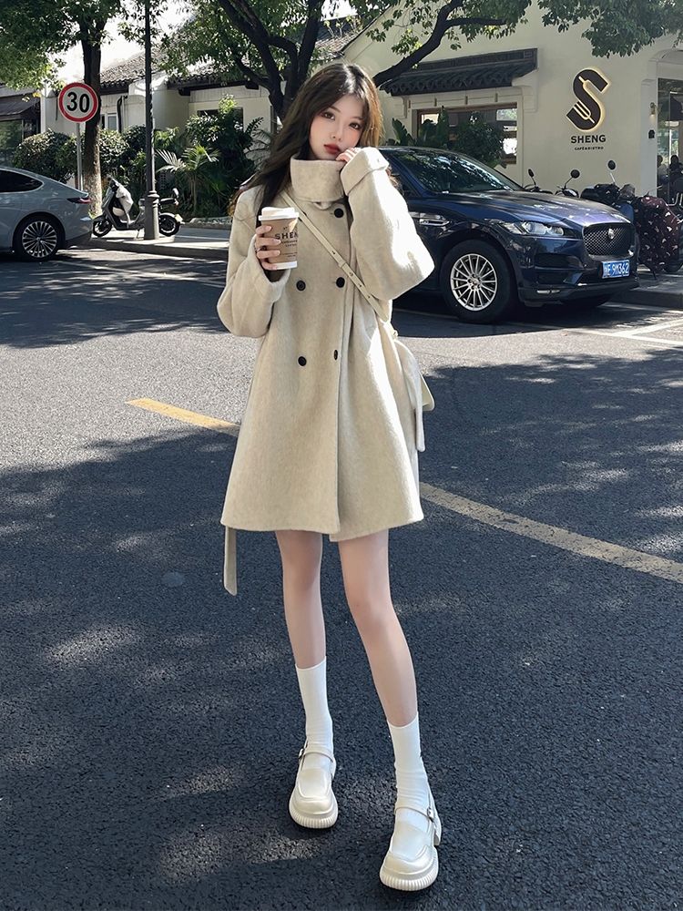 風衣夾克大衣高階感毛呢外套女小個子韓版系帶立領呢子女秋冬裝新款